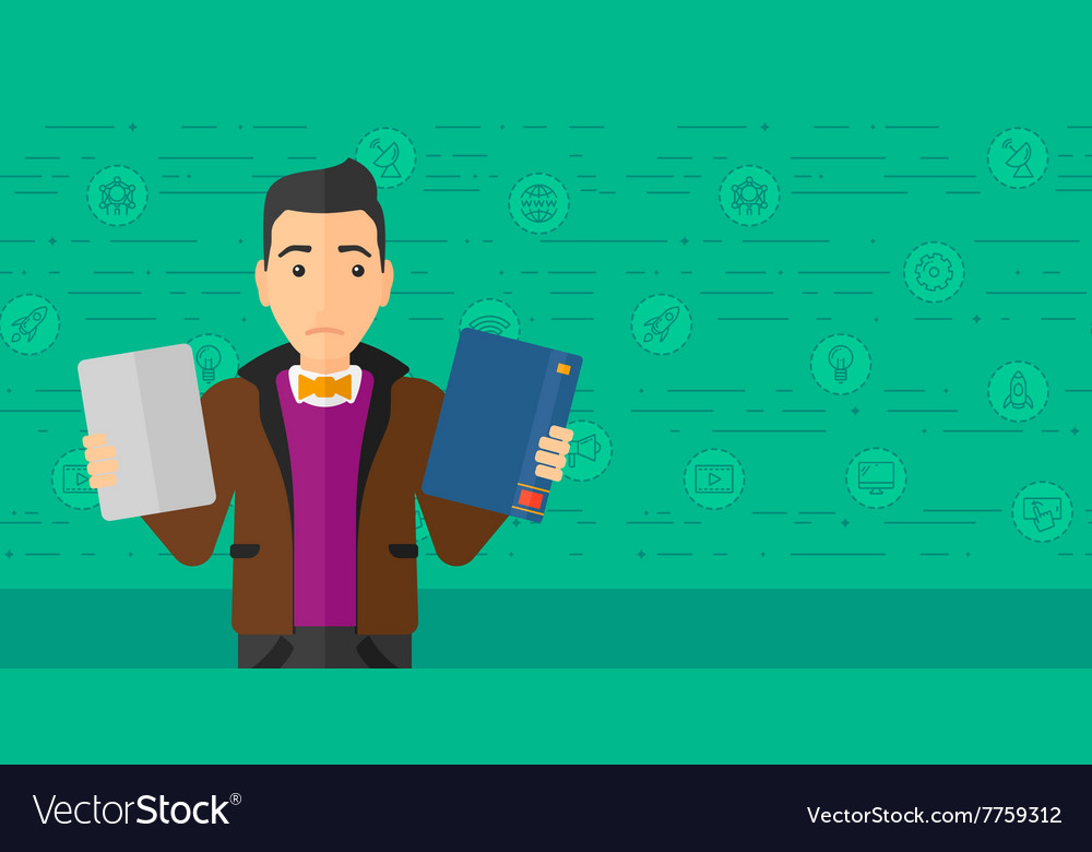 Man choosing between book and tablet computer