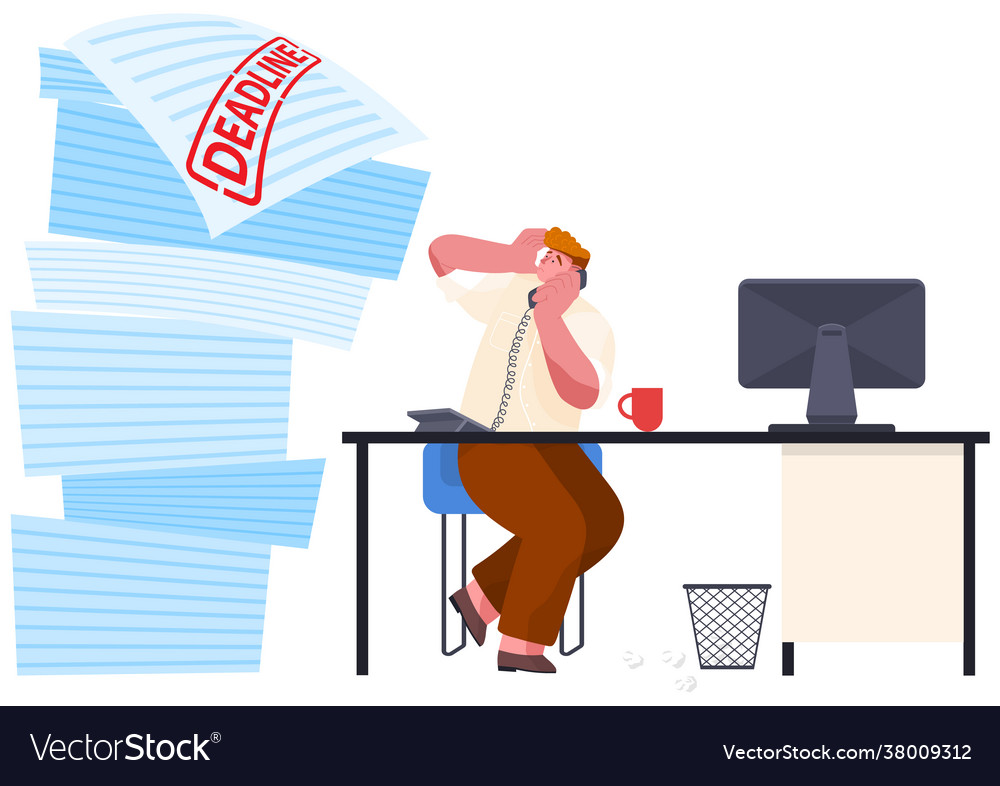 Man is talking on phone and looking at huge stack vector image Man is talking on phone and looking at huge stack