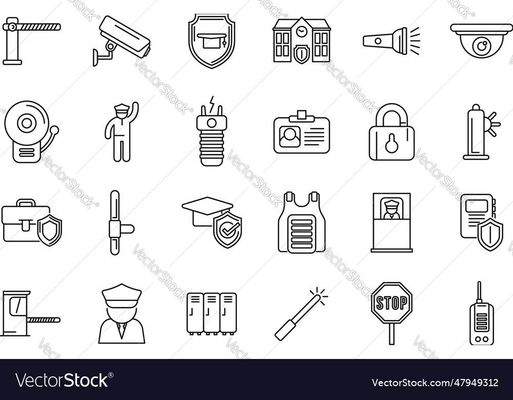 School security guard icons set outline Royalty Free Vector