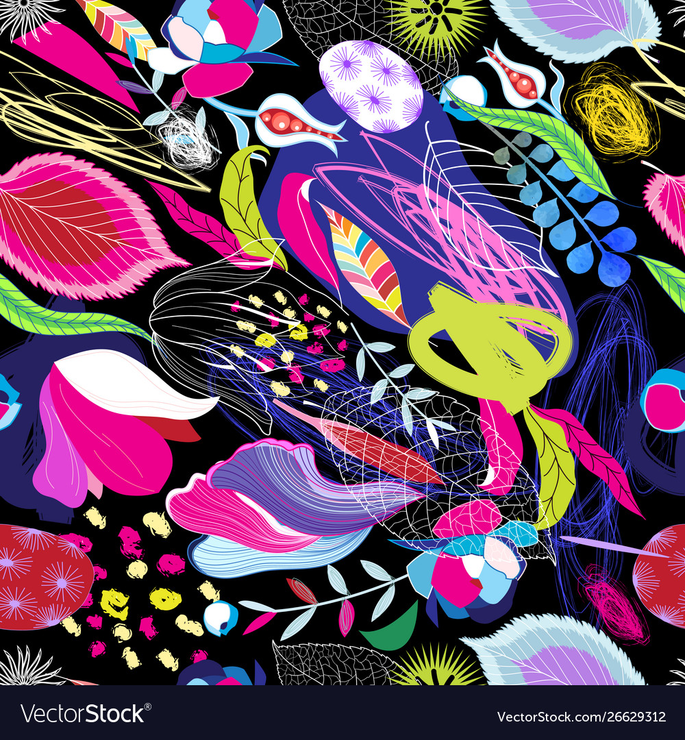 Seamless bright tropical pattern leaves spots vector image Seamless bright tropical pattern leaves spots