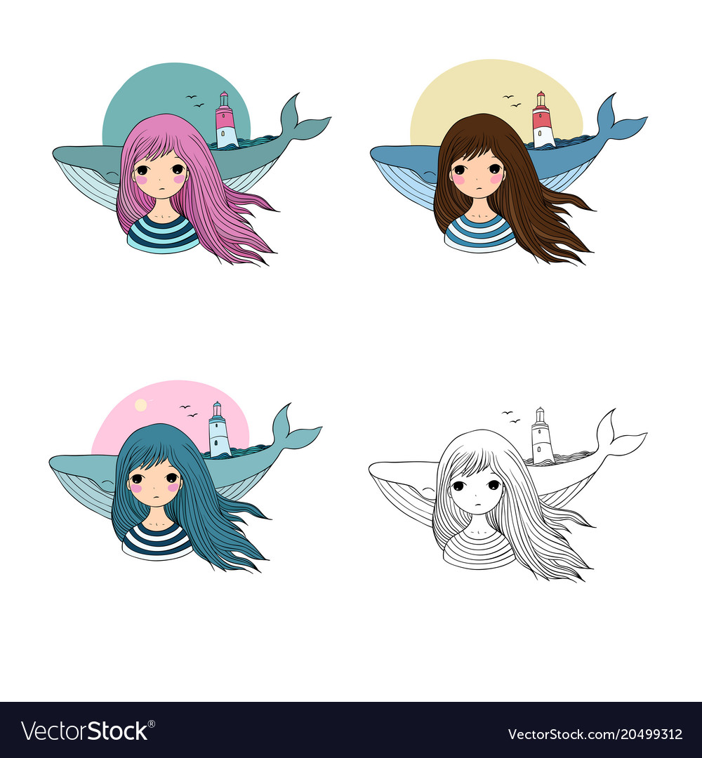 Set of cute cartoon little mermaid siren sea