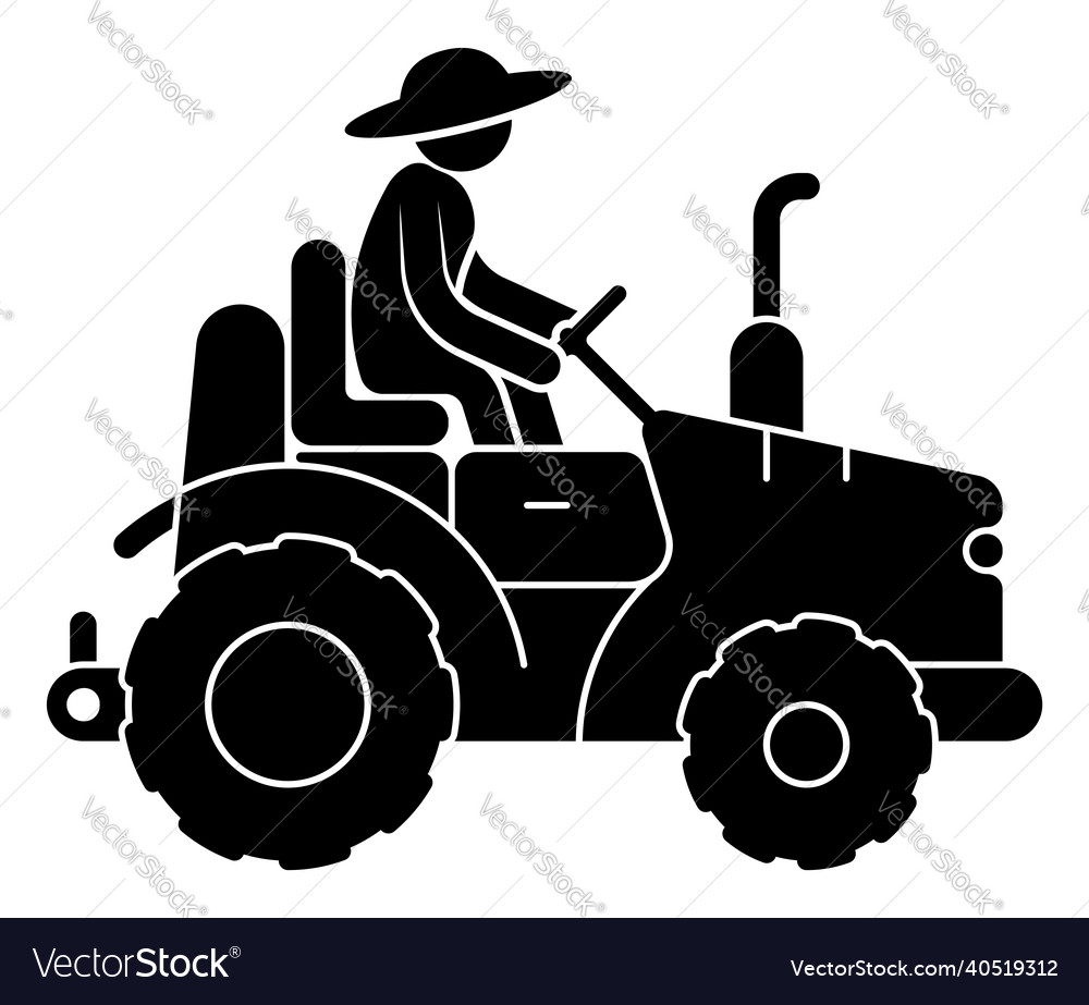 Stick figure farmer in straw hat drives farm Vector Image