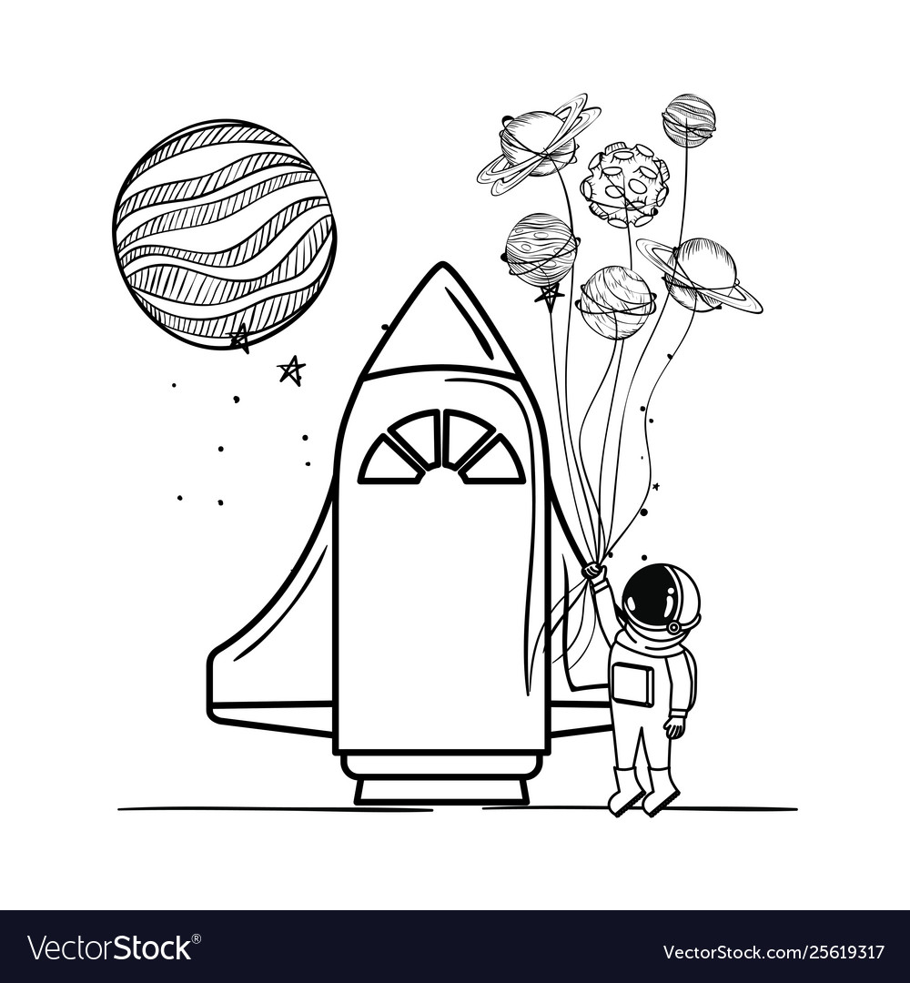 Astronaut with spacesuit and rocket in white