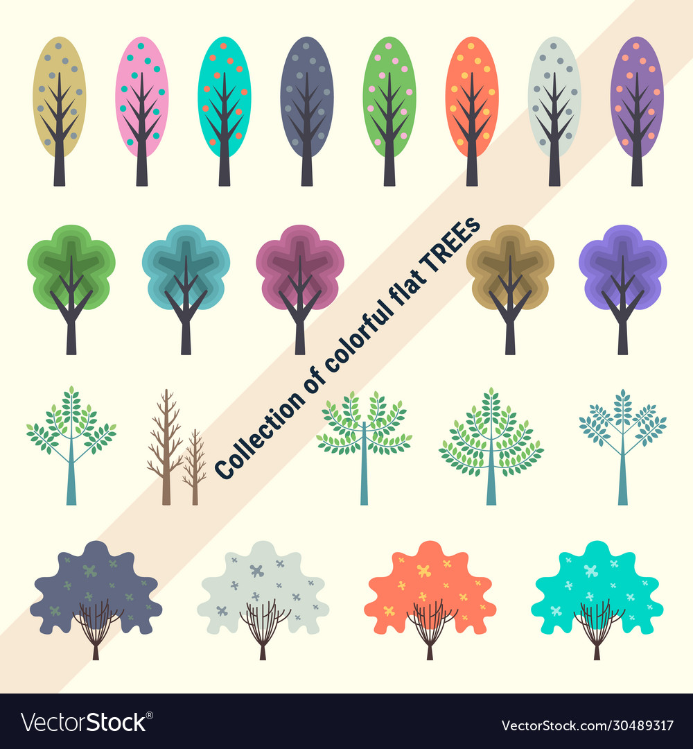 Collection colorful flat trees different shape vector image Collection colorful flat trees different shape