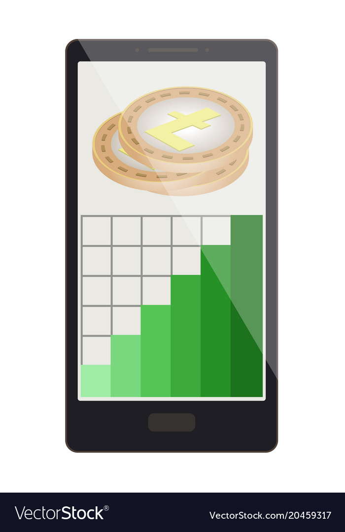 Litecoin Münzen mit Wachstumsdiagramm auf einem Telefonbild