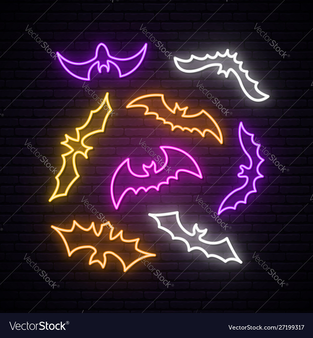 Neon bats collection happy halloween concept