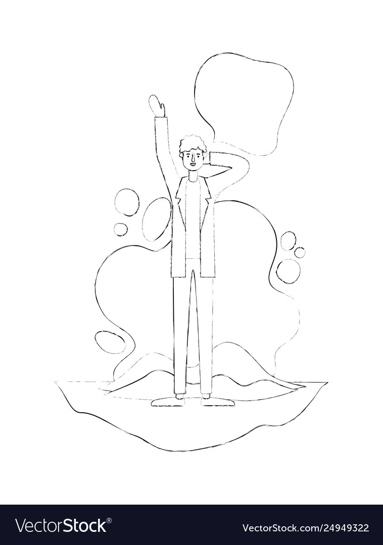 Man with hand up and speech bubble
