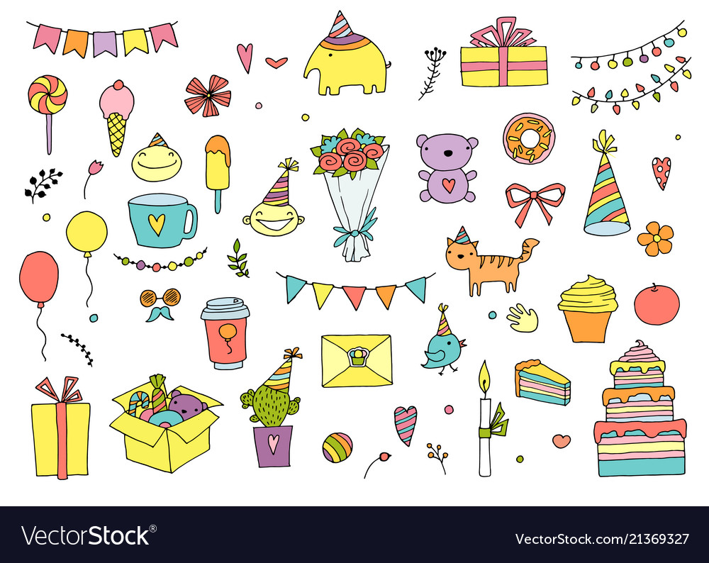 Hand drawn doodle happy birthday set Royalty Free Vector