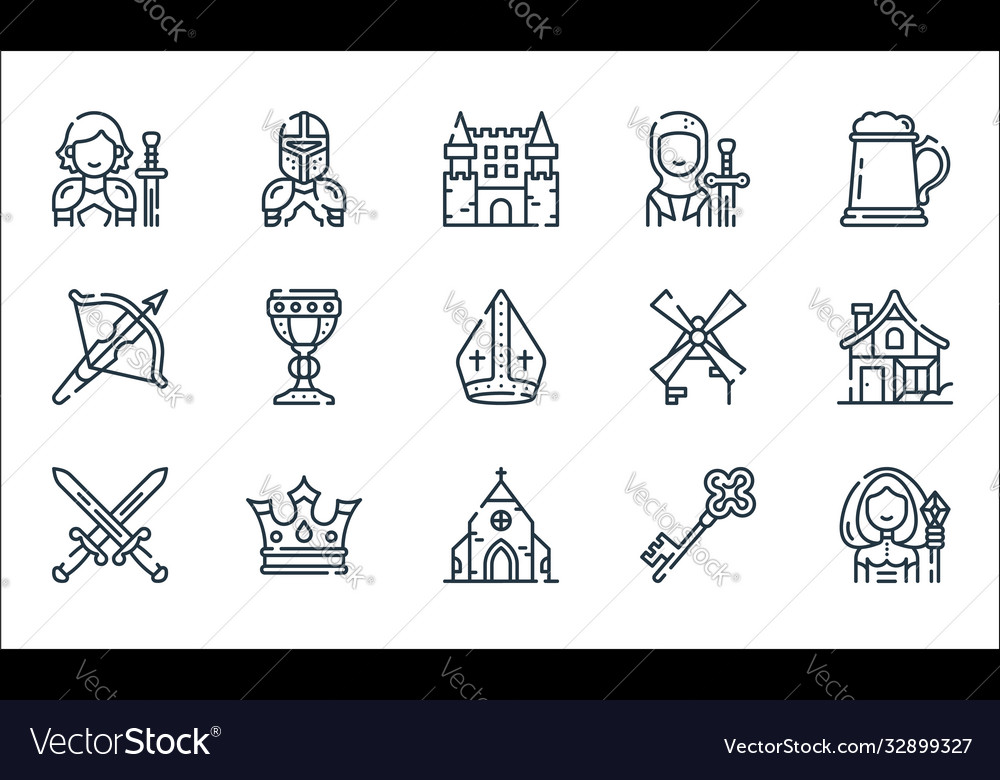 Medieval times line icons linear set quality vector image Medieval times line icons linear set quality