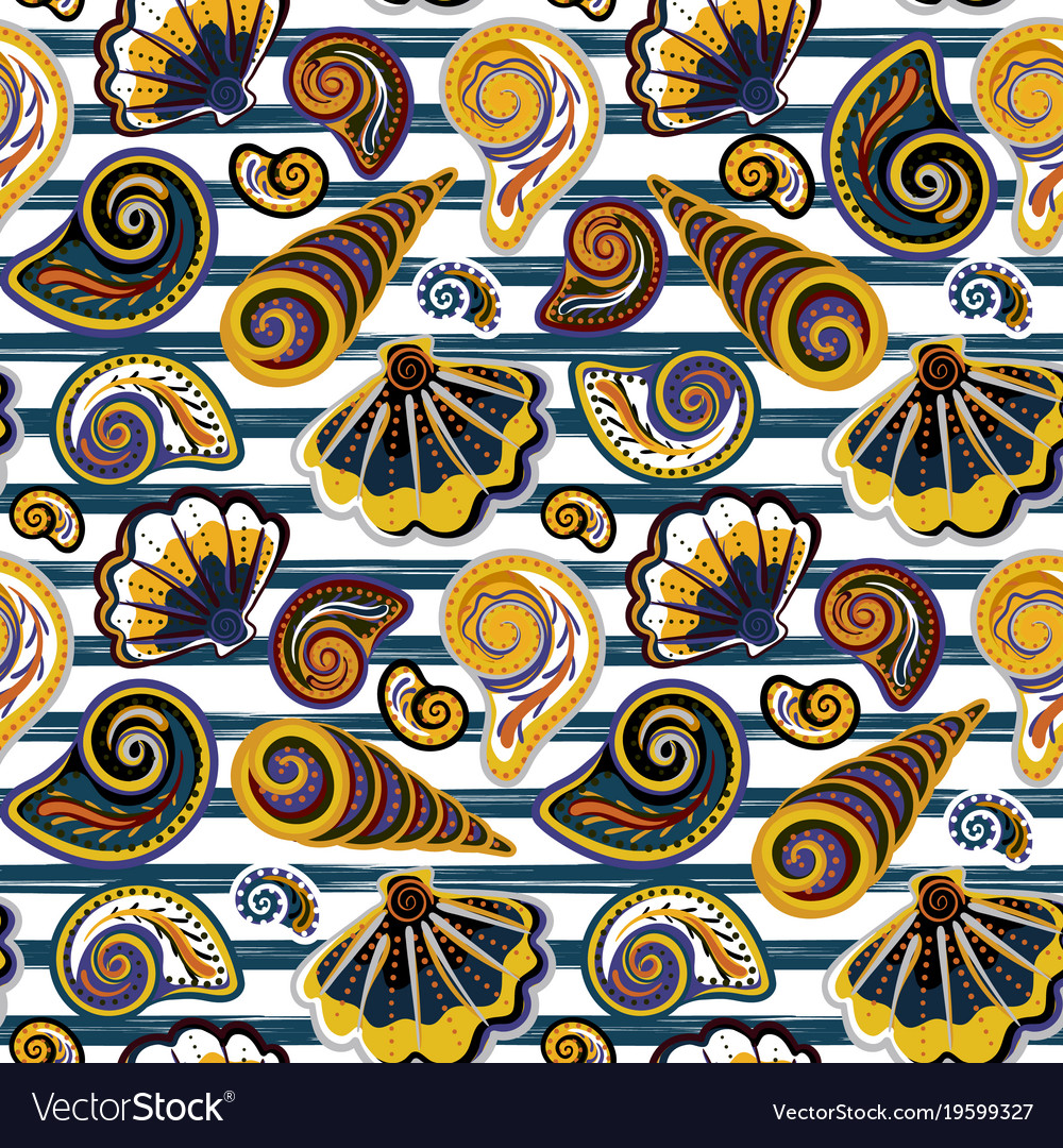 Seamless pattern of seashells on striped