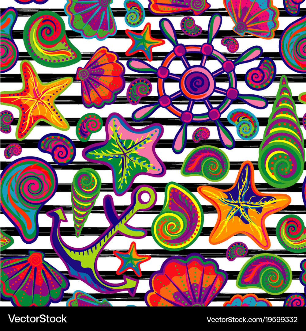 Seamless pattern of seashells on striped Vector Image