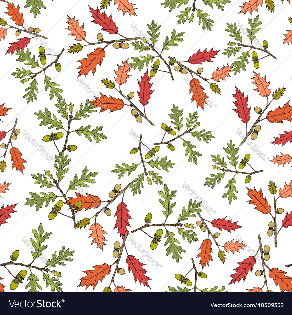 Seamless pattern with white and red oak branches vector image Seamless pattern with white and red oak branches