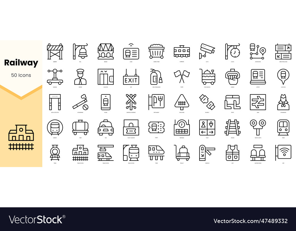 Set of railway icons simple line art style vector image Set of railway icons simple line art style