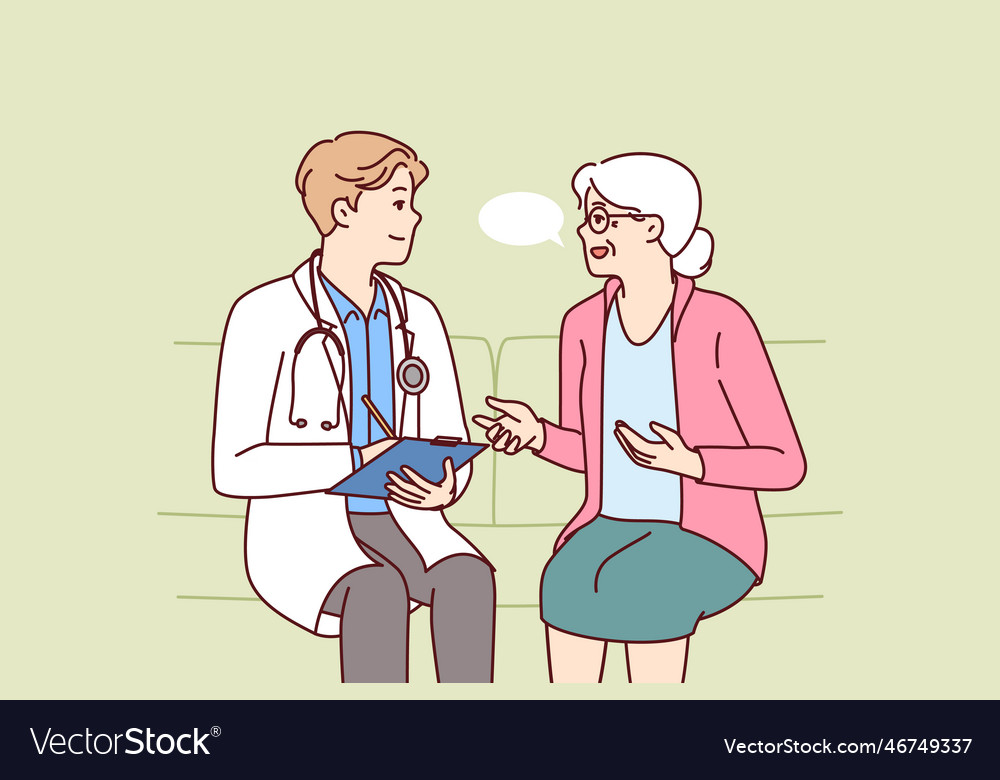 Elderly woman with doctor sit on couch complaining