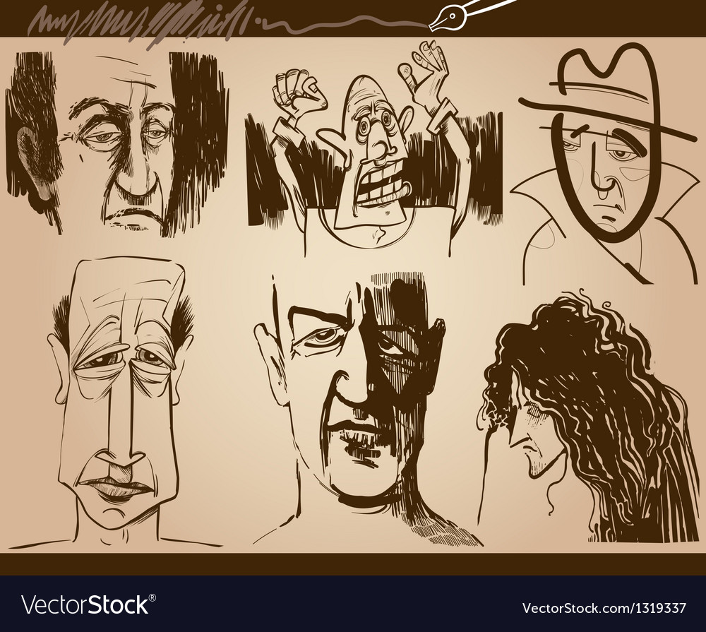 People Faces Cartoon Sketch Drawings Set