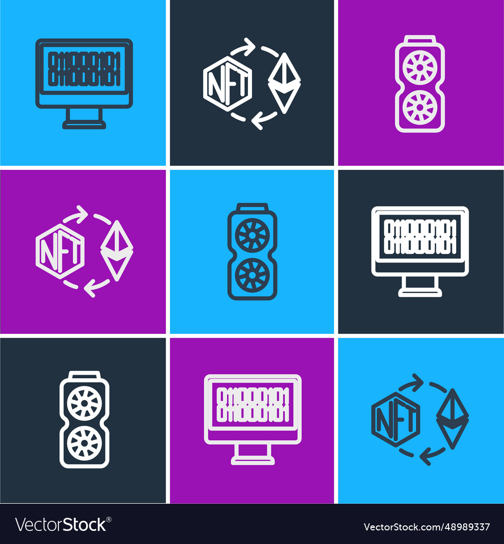 Set line binary code video graphic card vector image Set line binary code video graphic card