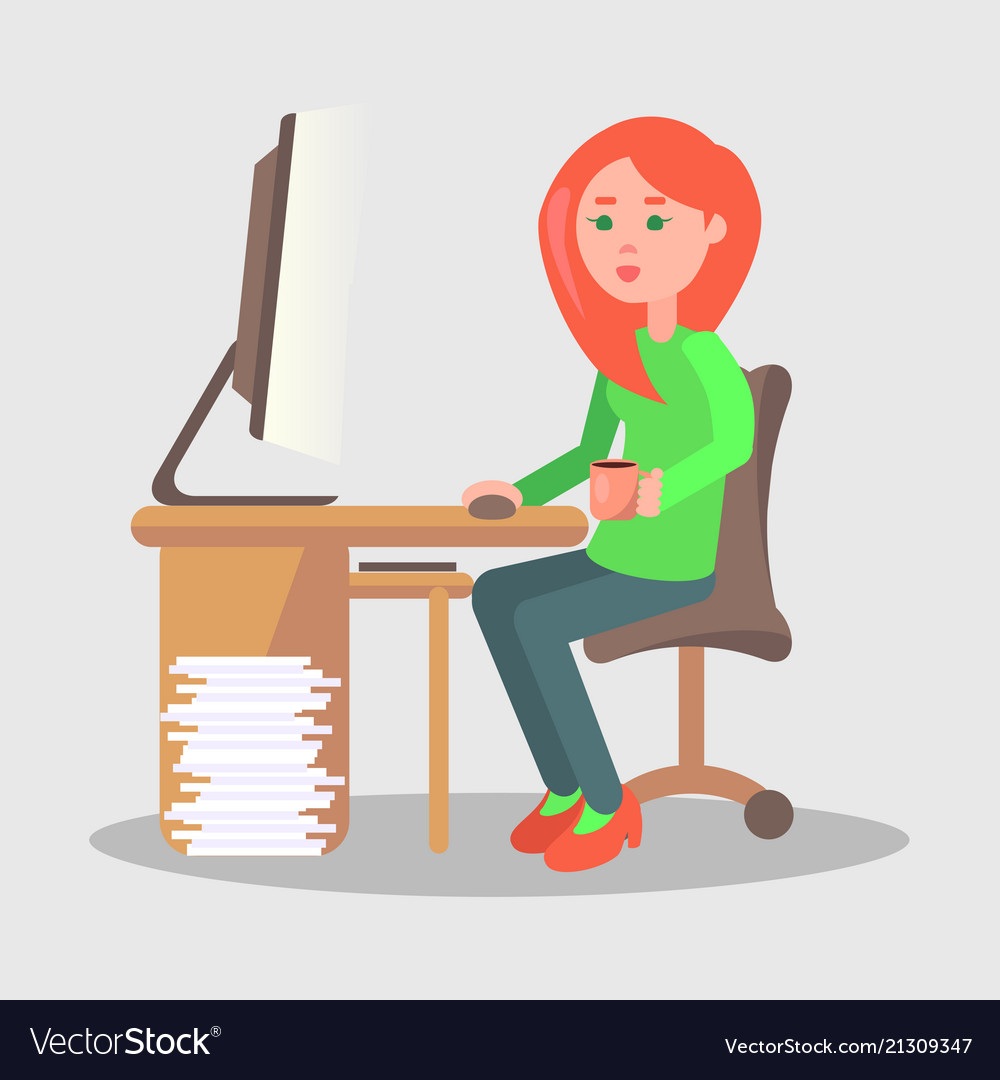 Female character sit at table with computer vector image Female character sit at table with computer