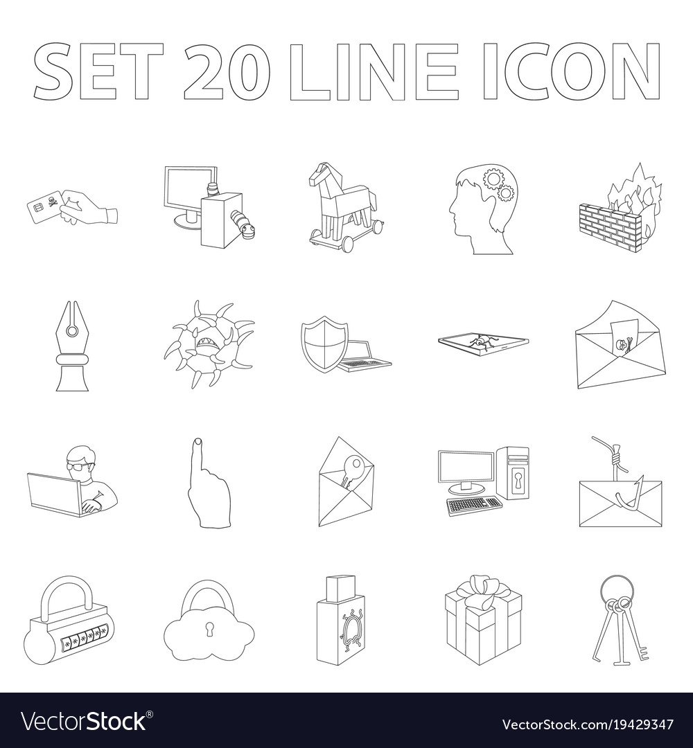 Hacker and hacking outline icons in set collection