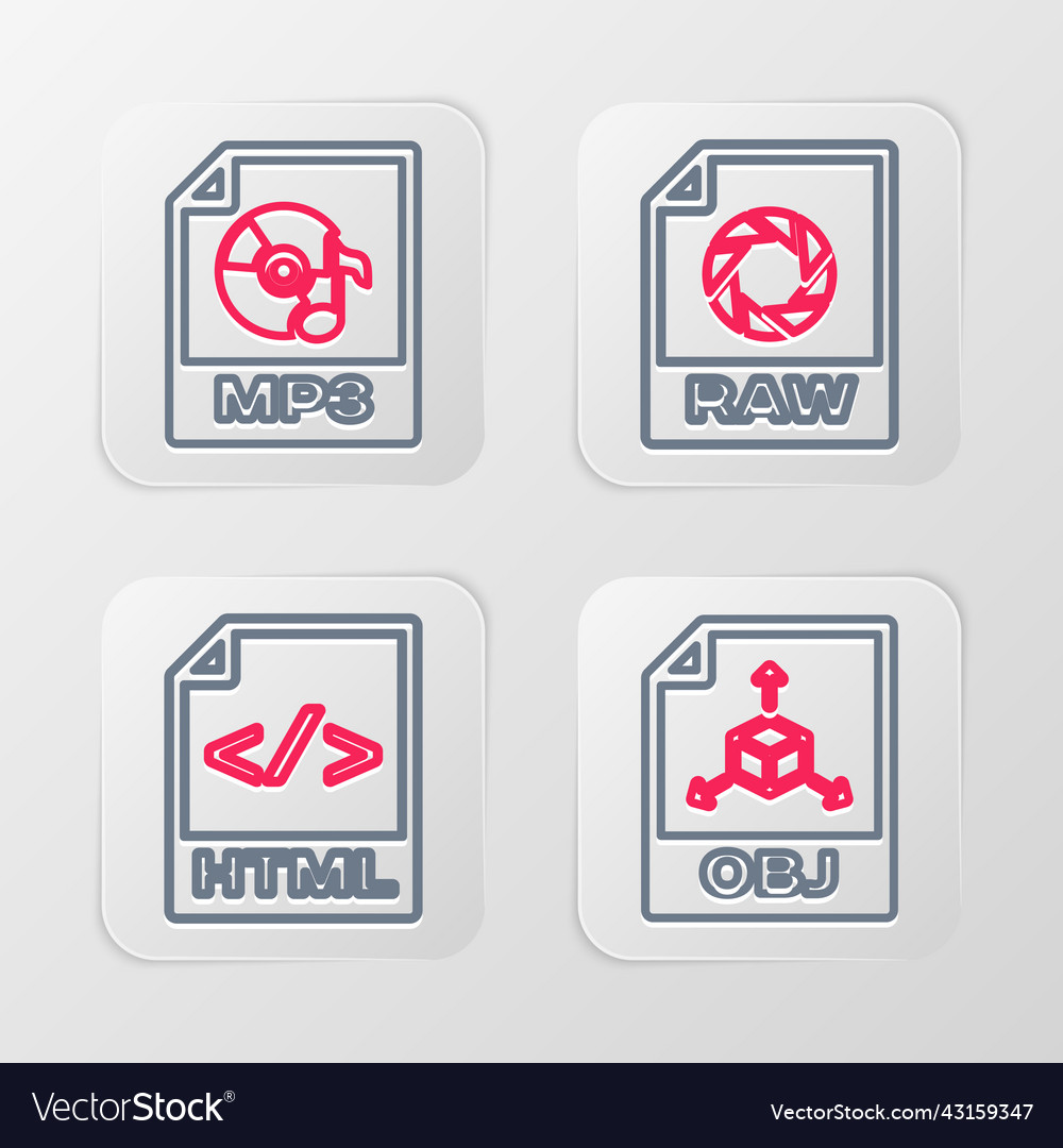 Zeile obj Datei Dokument html roh und mp3 Symbol vector image Zeile obj Datei Dokument html roh und mp3 Symbol