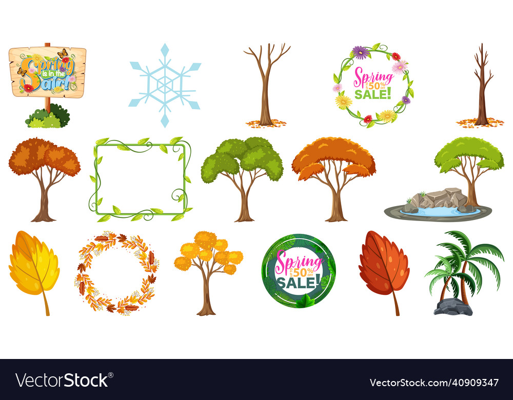 Set of four seasons trees and nature objects Vector Image Set of four seasons trees and nature objects