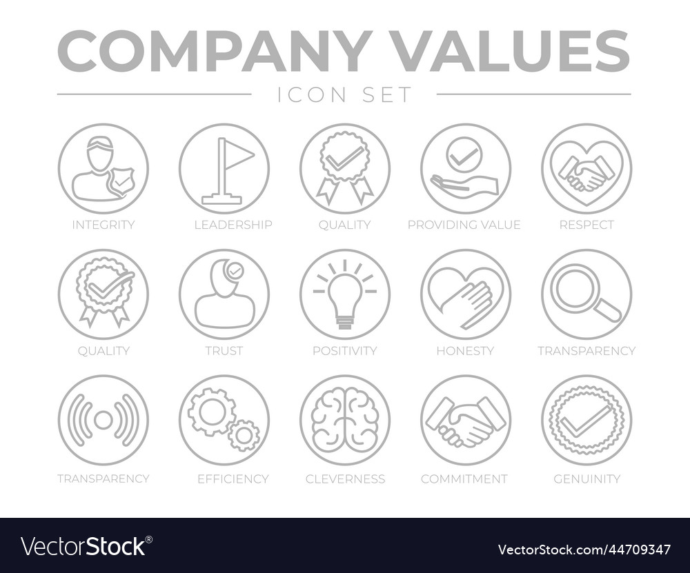 Thin outline company values round gray icon set