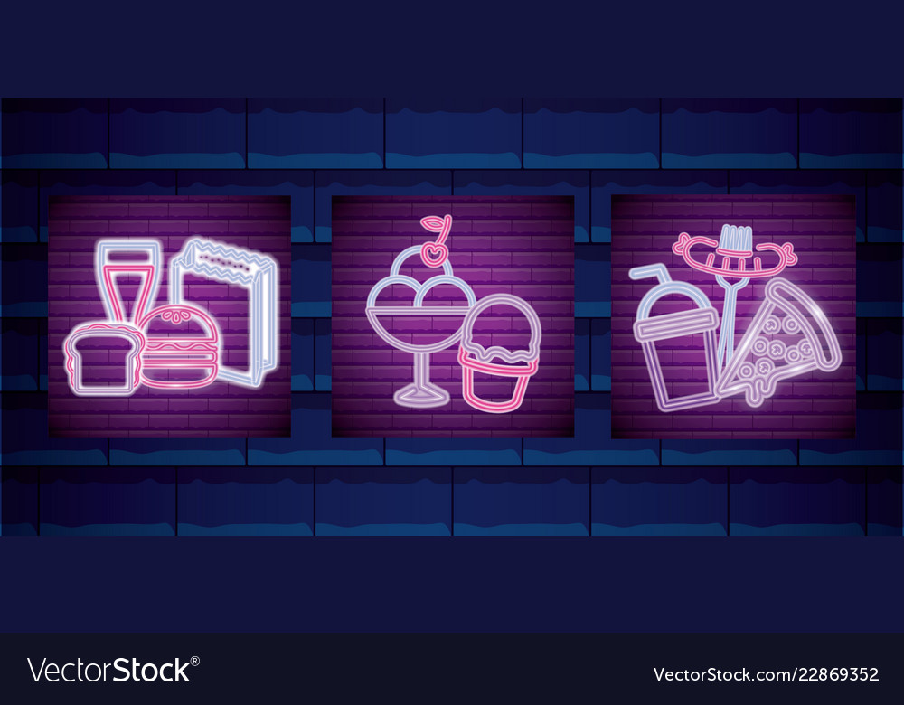 Set of fast food neon light label