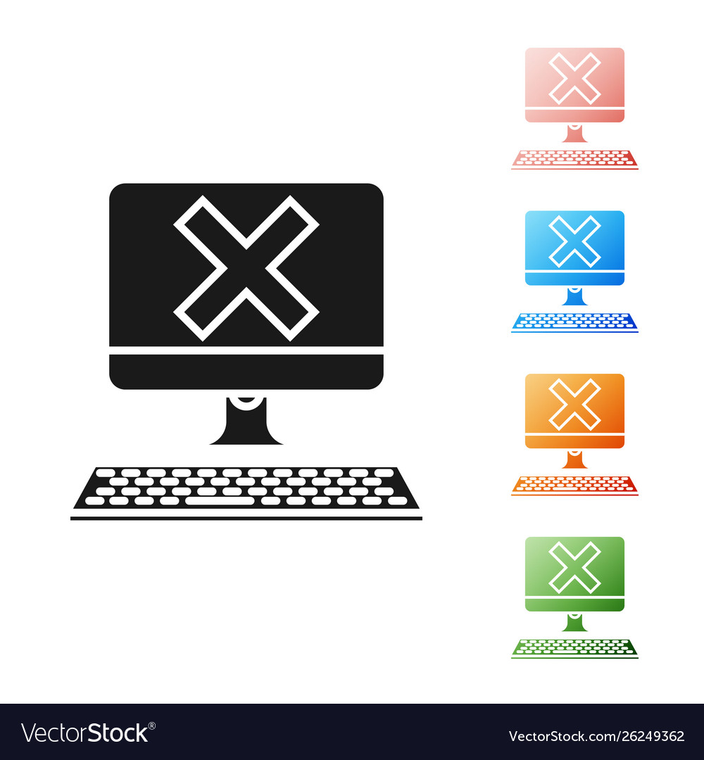 Black computer with keyboard and x mark icon vector image Black computer with keyboard and x mark icon