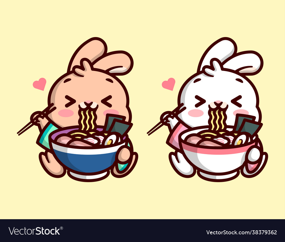 Cute little bunny is eating a big bowl ramen