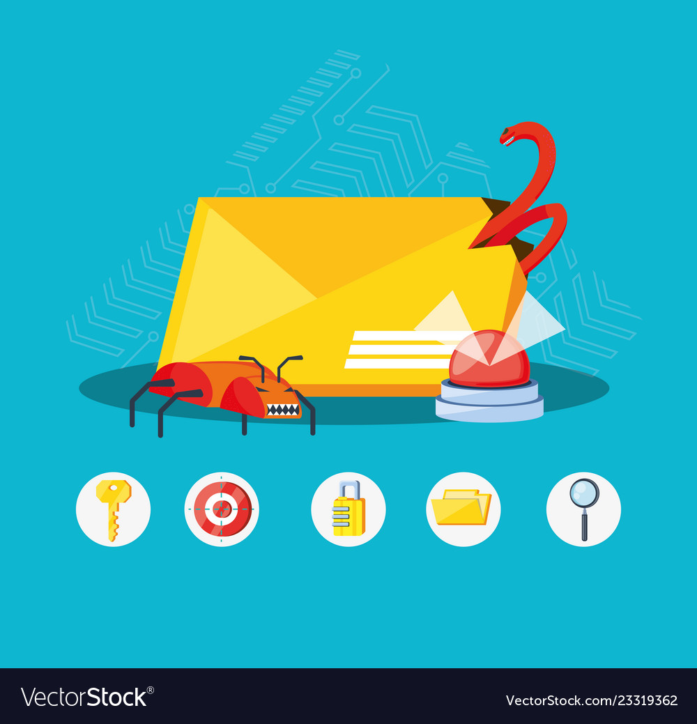Envelope mail with set icons cyber security