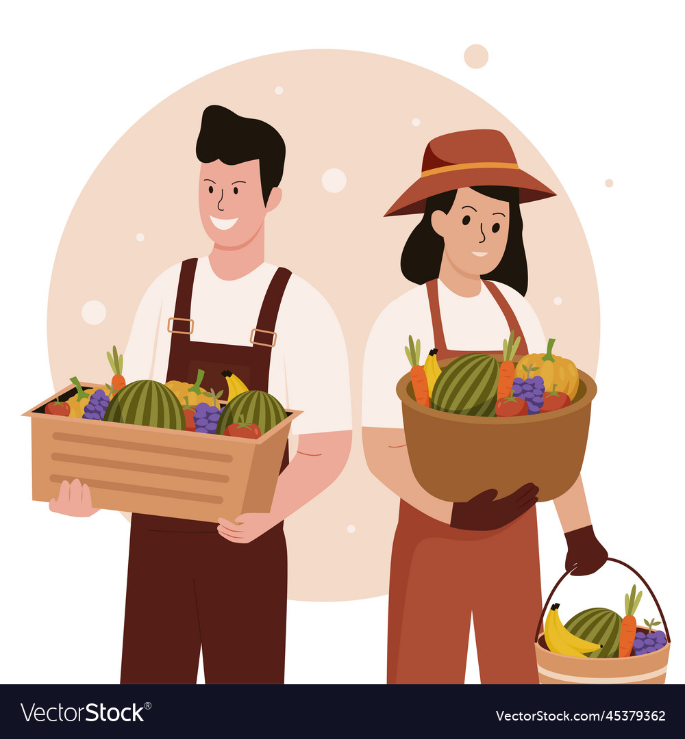 Flat design of male and female farmers harvesting Vector Image