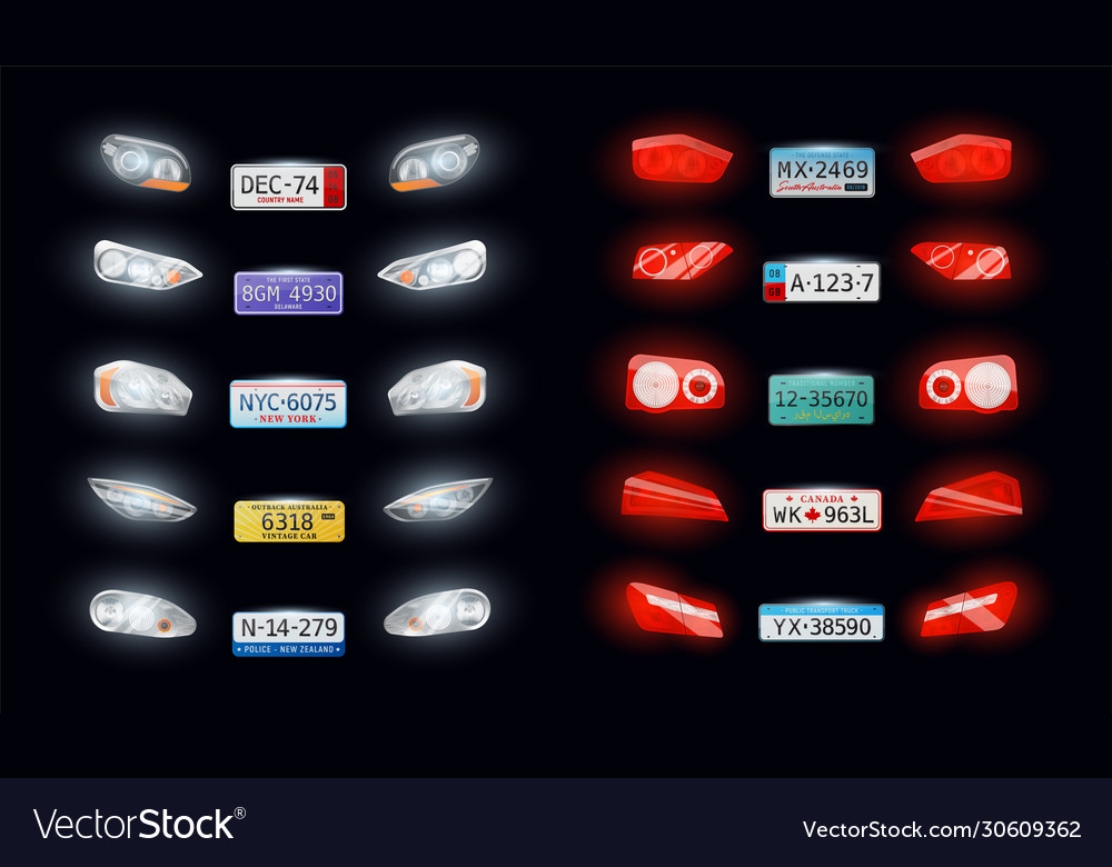 Headlights taillights number plate set Royalty Free Vector