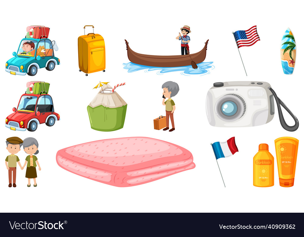 Set of summer vacation objects and elements vector image Set of summer vacation objects and elements