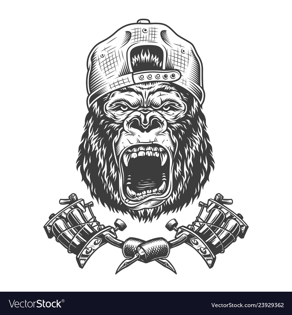 Vintage ferocious gorilla head in cap Royalty Free Vector