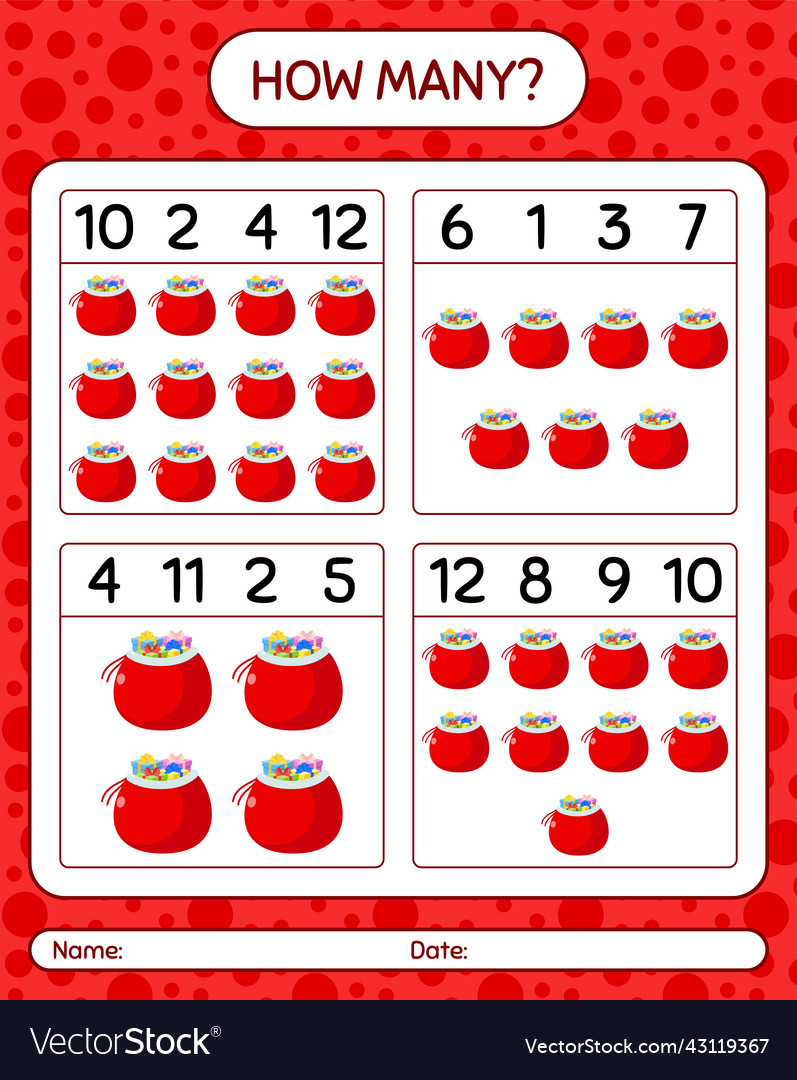 How many counting game with santas bag worksheet