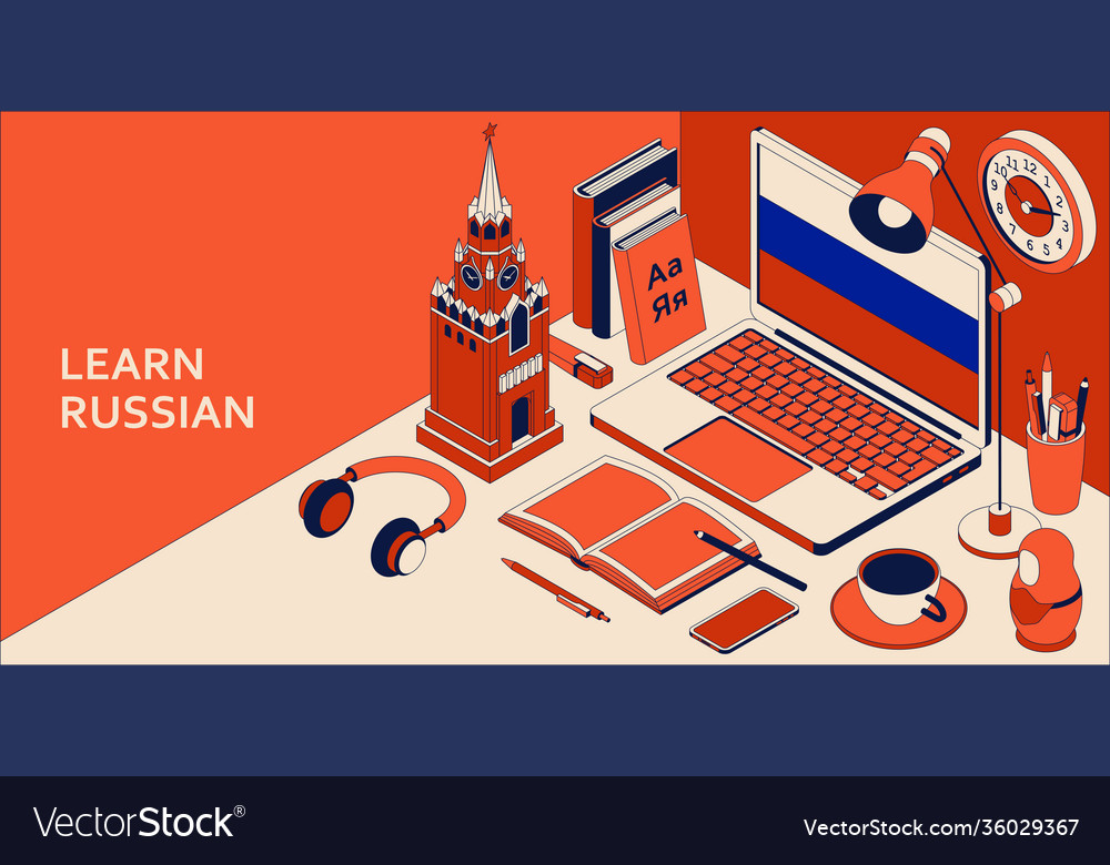 Learn russian language isometric concept with open vector image Learn russian language isometric concept with open