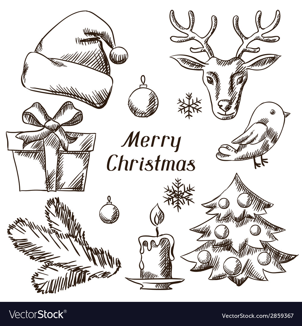 Set merry christmas hand drawn icons Royalty Free Vector