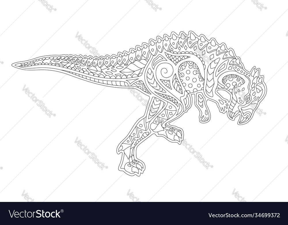 Art for coloring book with linear running dinosaur