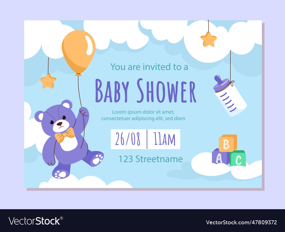 Baby shower blue invitation template Royalty Free Vector