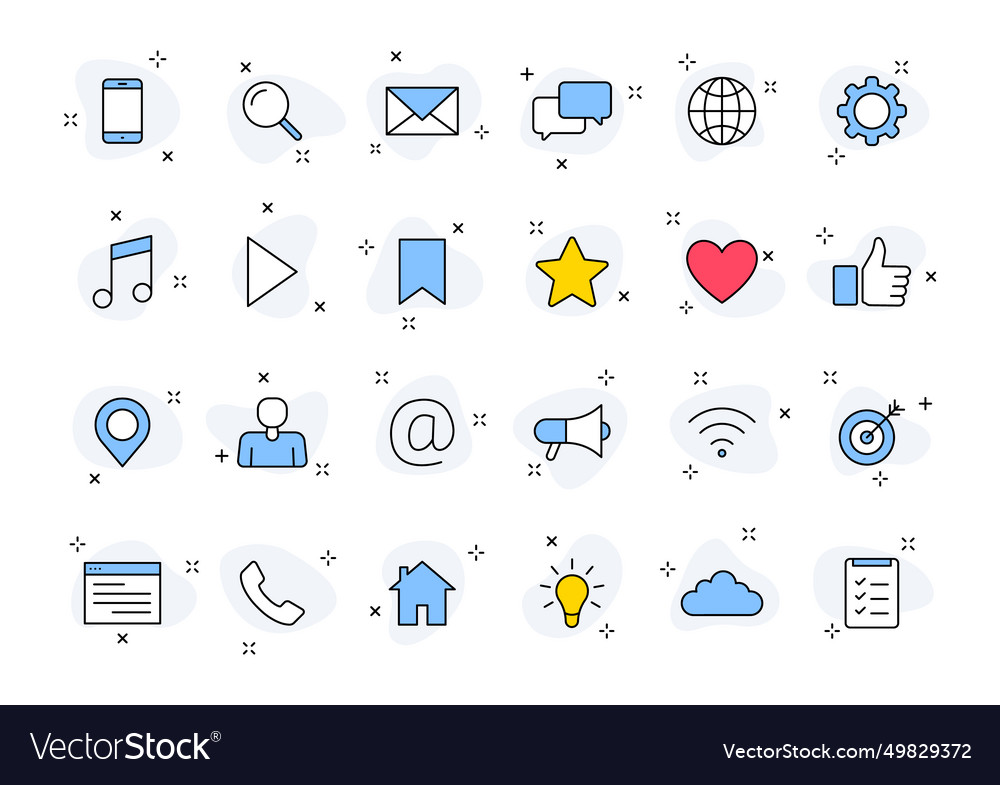 Set von 24 Medien-Web-Symbolen im Linienstil Social