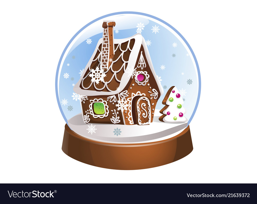 Snow globe with gingerbread house and snowflakes