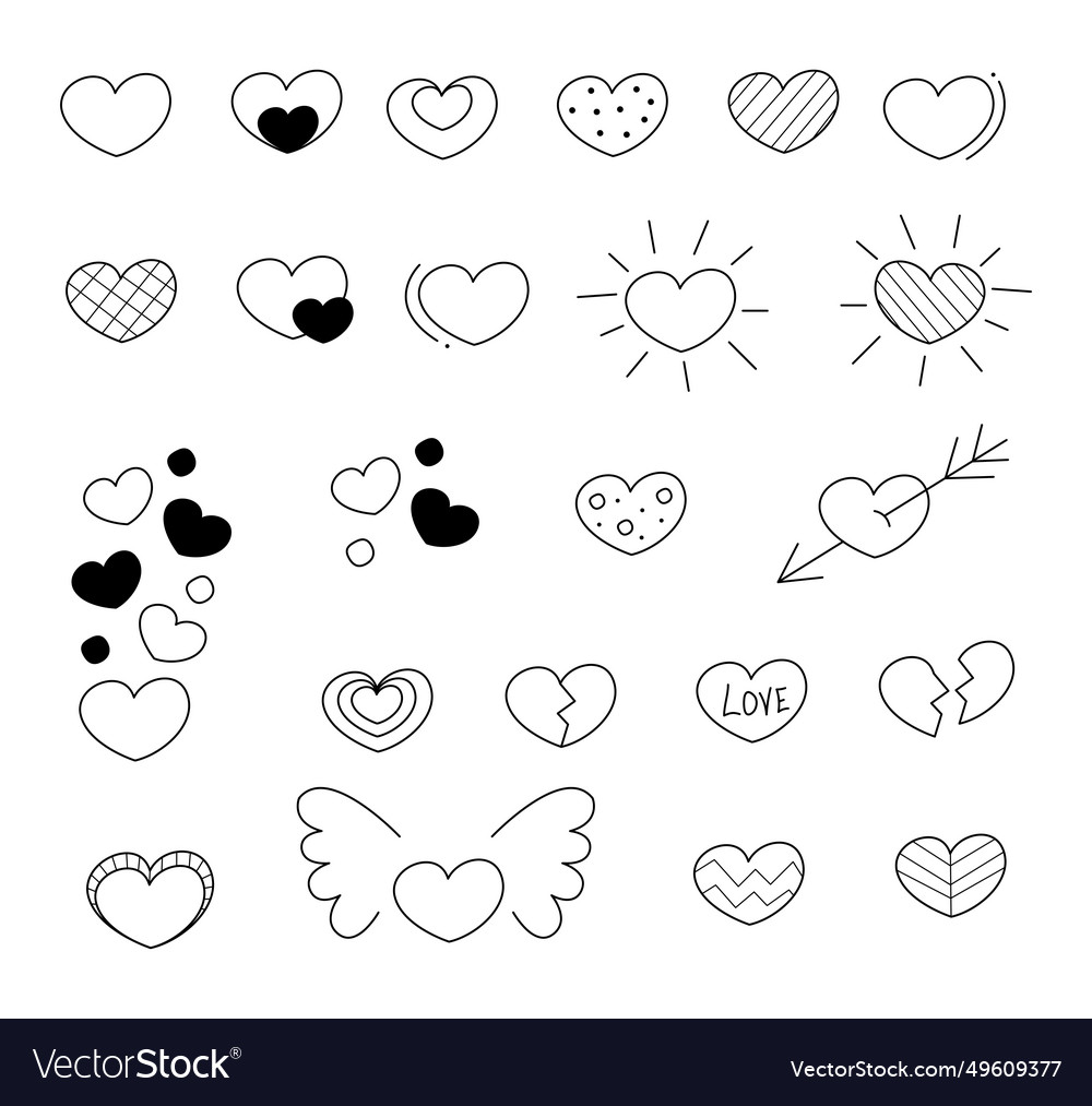 Heart doodle set white and black Royalty Free Vector Image