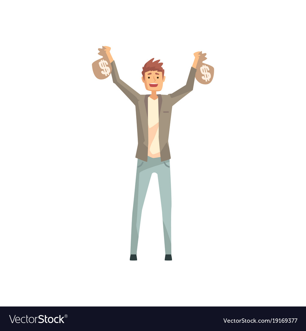 Lucky man holding two bags of money cartoon male Vector Image