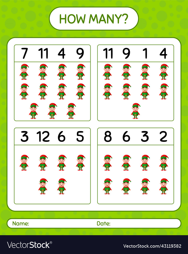 How many counting game with elf worksheet Vector Image How many counting game with elf worksheet