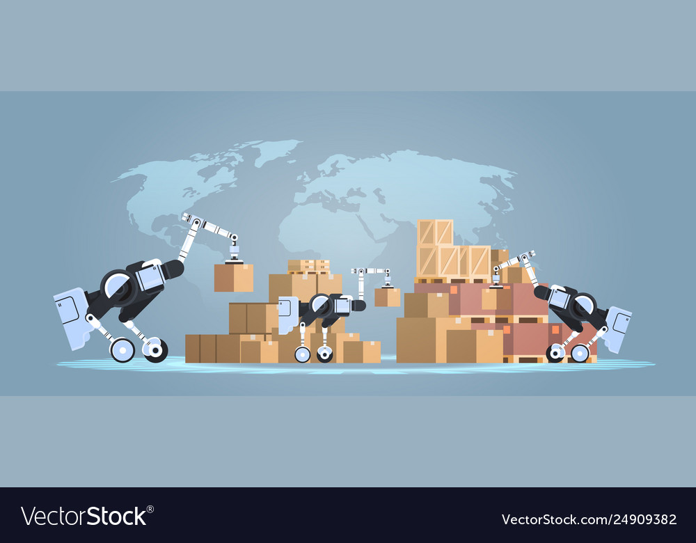 Robots loading cardboard boxes hi-tech smart Vector Image Robots loading cardboard boxes hi-tech smart