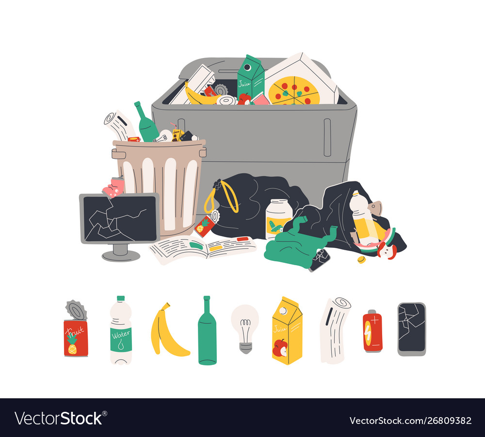 Unsorted garbage in trash containers and bin bags Vector Image