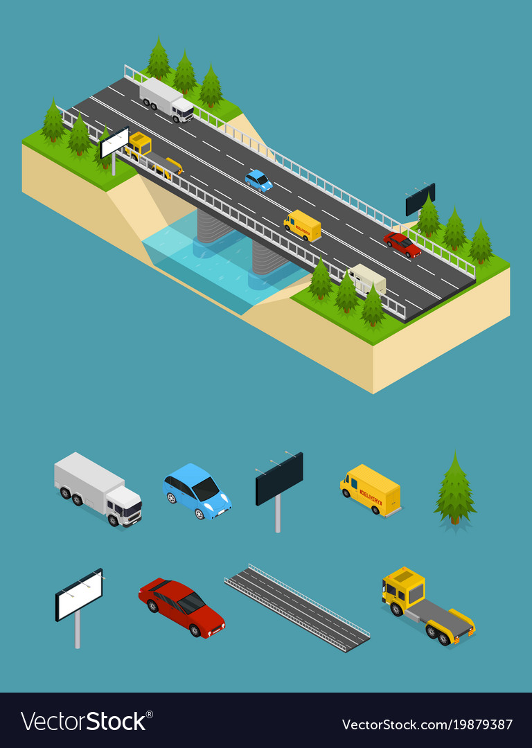 Bridge highway over river and elements part Vector Image