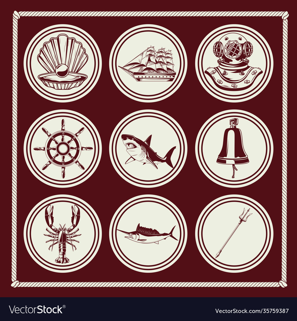 Bundle nine nautical elements set icons