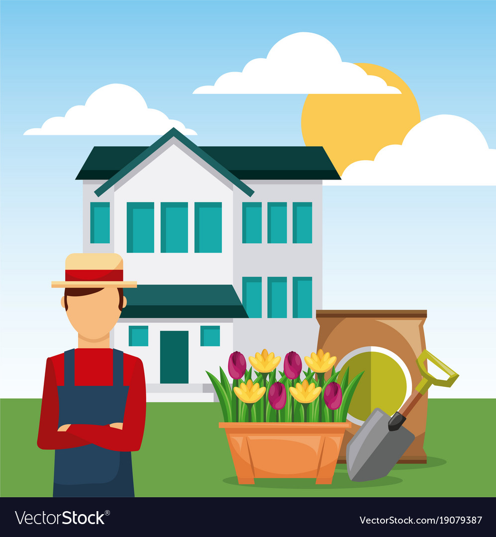 Man gardener in garden house with shovel and sack Vector Image