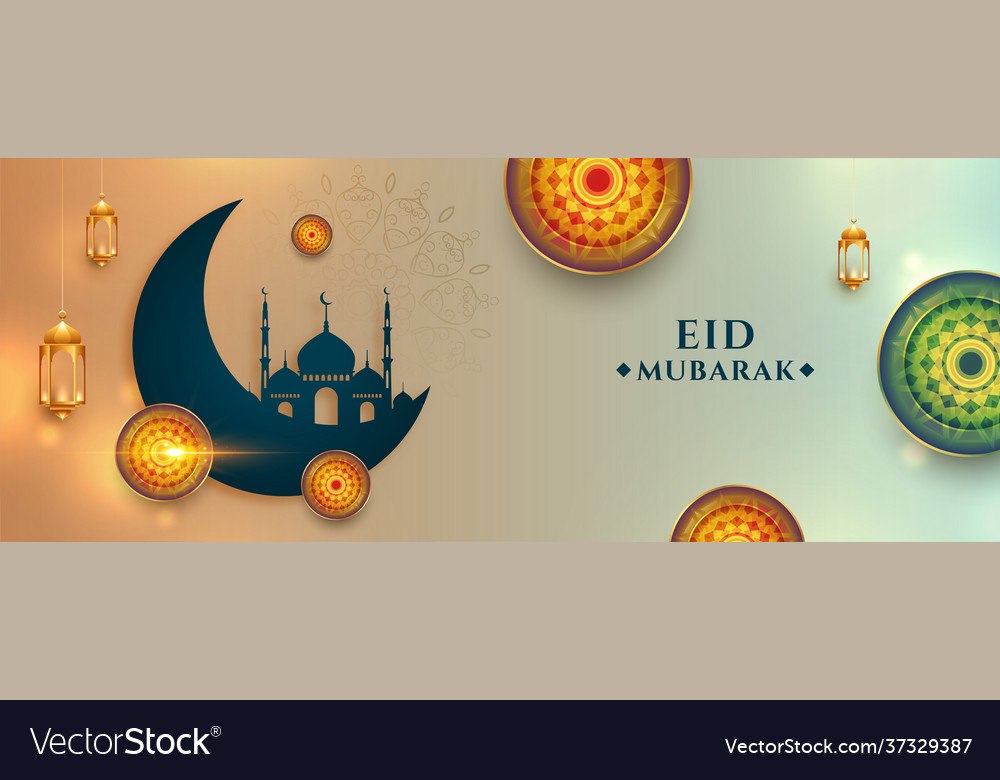 Realistische eid mubarak wünscht Banner mit arabisch vector image Realistische eid mubarak wünscht Banner mit arabisch