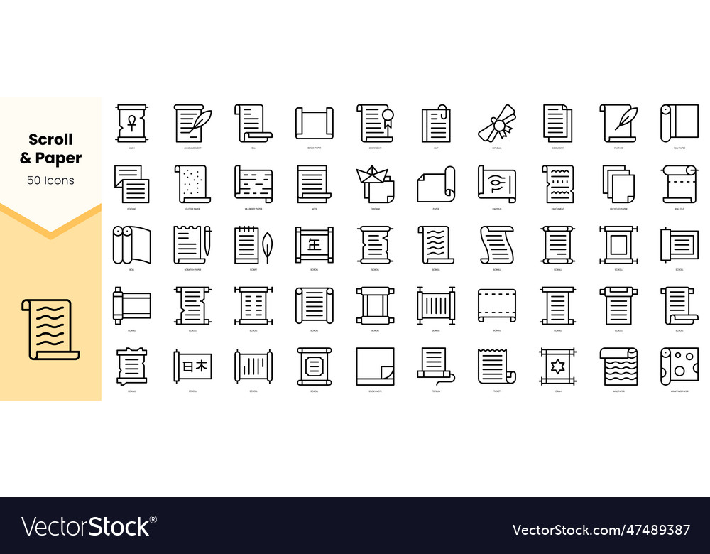 Set of scroll and paper icons simple line art vector image Set of scroll and paper icons simple line art